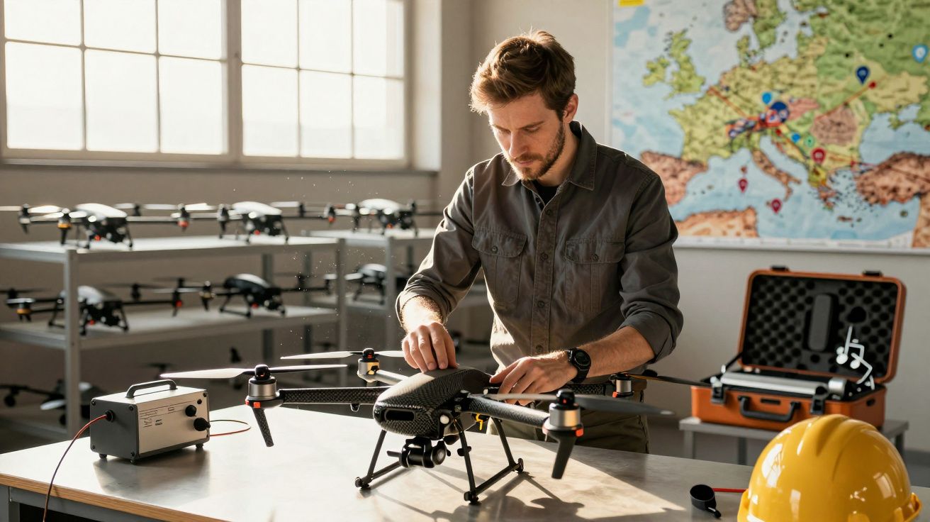 Mężczyzna pracujący nad dronem w laboratorium, w tle mapa i inne drony na półkach.