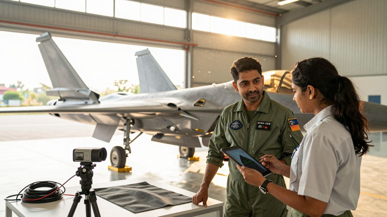 Dwóch ludzi w kombinezonach wojskowych rozmawia w hangarze, za nimi myśliwiec. Kobieta trzyma tablet.