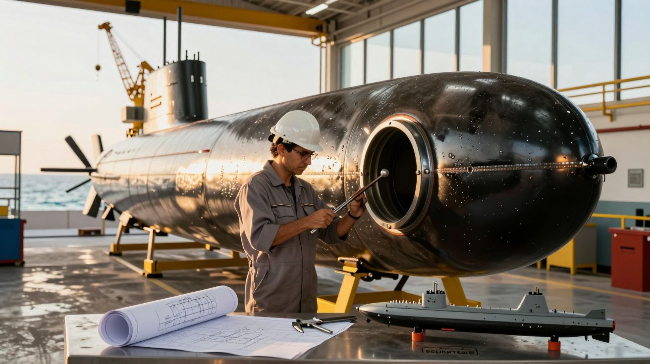 Mężczyzna w kasku pracuje przy budowie łodzi podwodnej w hangarze, przed nim plany i model łodzi.
