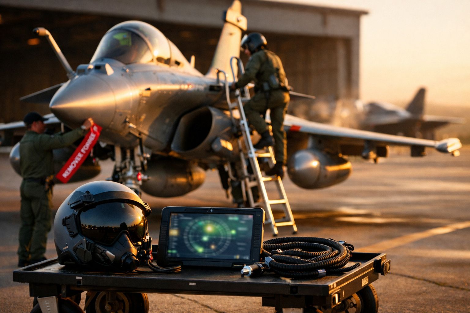 Myśliwiec Rafale w hangarze, oświetlony miękkim światłem padającym z okien, tablica "Rafale 1912".