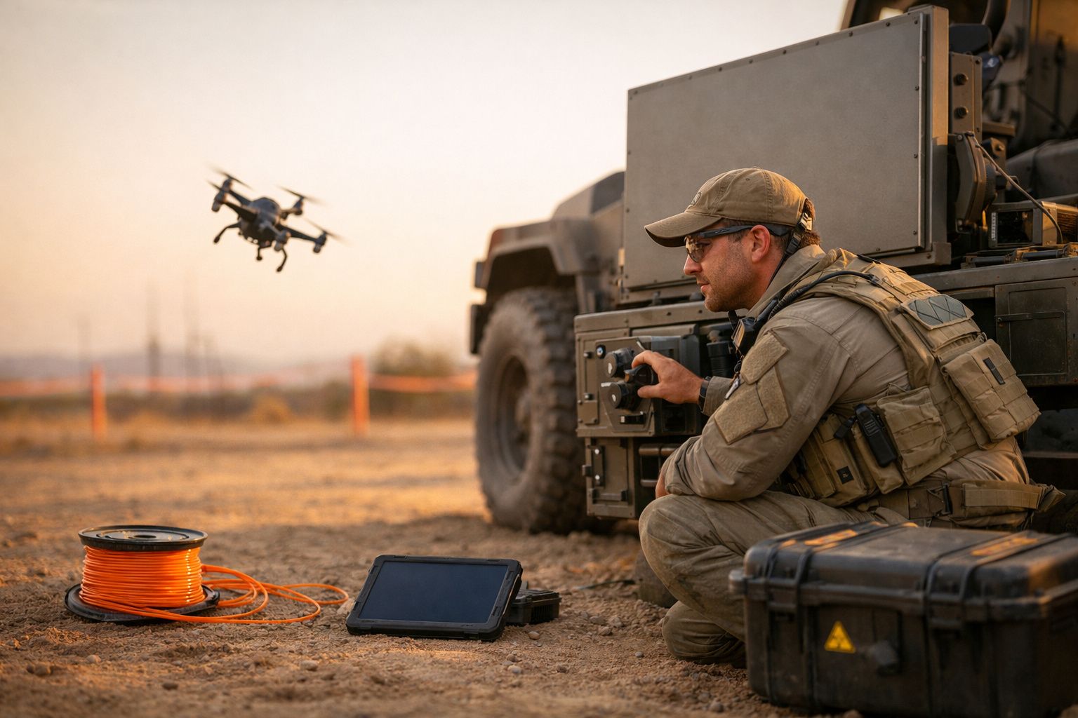 Osoba obsługująca dron z tabletem na polu z pomarańczowymi pachołkami w tle.