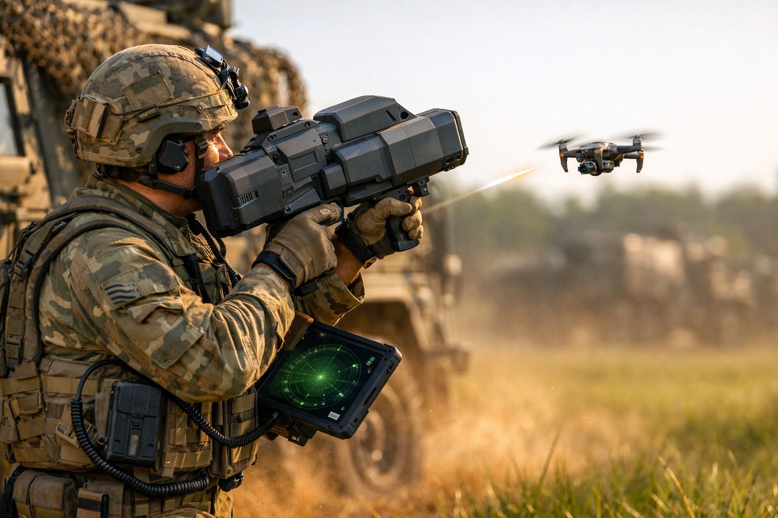 Żołnierz w kamuflażu obsługujący system obrony, strzelający w kierunku drona na pustynnym terenie.