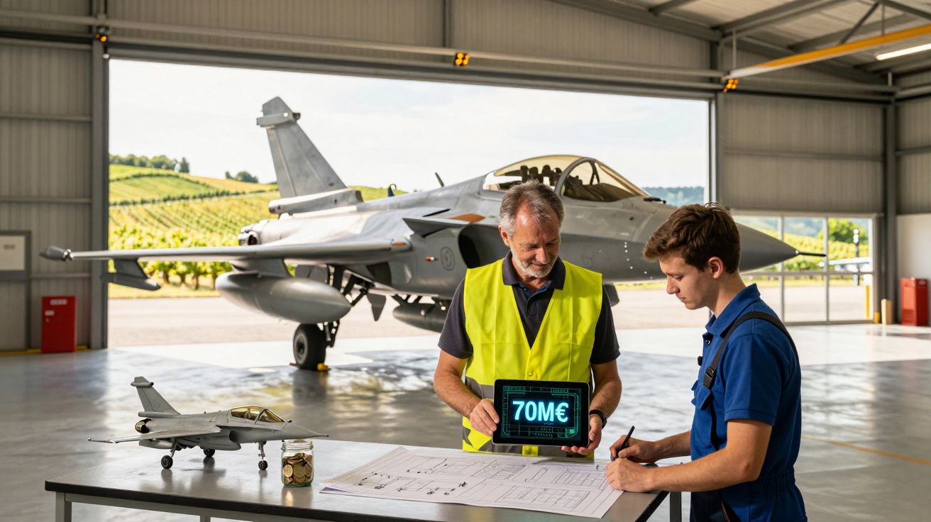 Dwaj inżynierowie przy biurku z planami i modelem myśliwca w hangarze z wojskowym samolotem w tle.