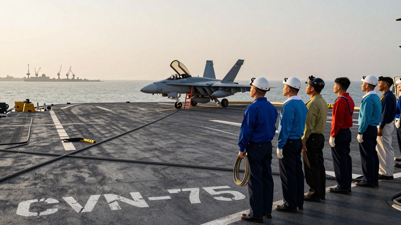 Załoga lotniskowca stoi w szeregu na pokładzie obok myśliwca F/A-18 podczas wschodu słońca.