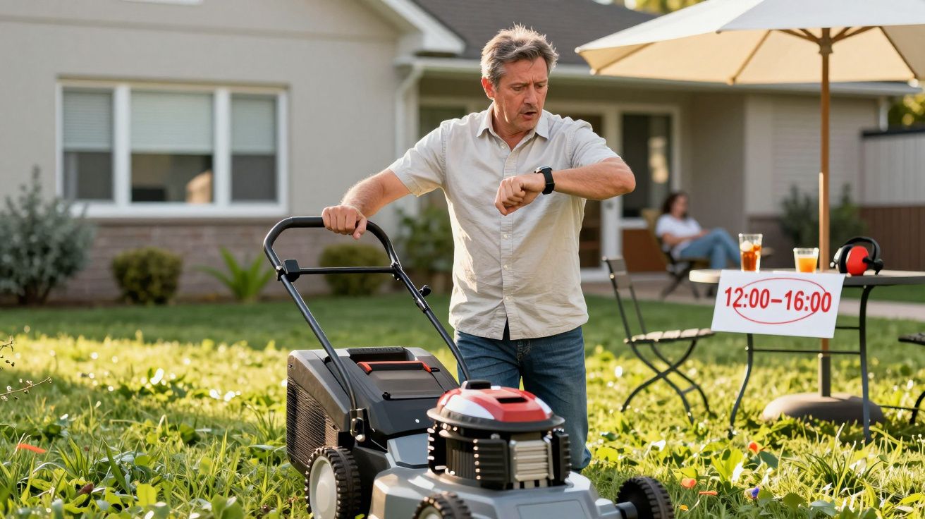 Mężczyzna ogląda zegarek podczas koszenia trawnika, obok stolik z tabliczką 12:00-16:00 i napoje.