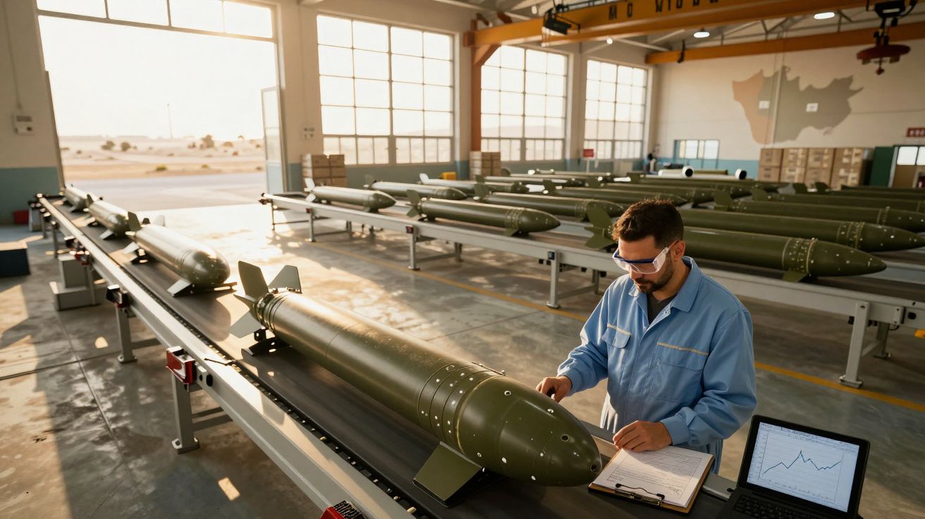Mężczyzna w kombinezonie sprawdza dokumenty przy bombach na linii produkcyjnej w hali fabrycznej.