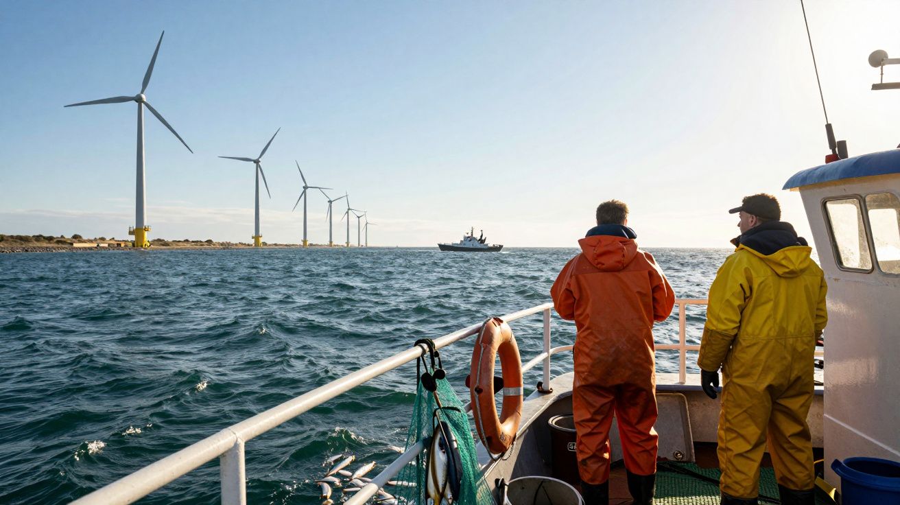 Dwóch rybaków na łodzi patrzy na morskie turbiny wiatrowe wzdłuż wybrzeża przy słonecznej pogodzie.