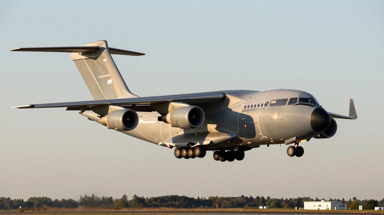 Duży wojskowy samolot transportowy w locie nad pasem startowym o zachodzie słońca.