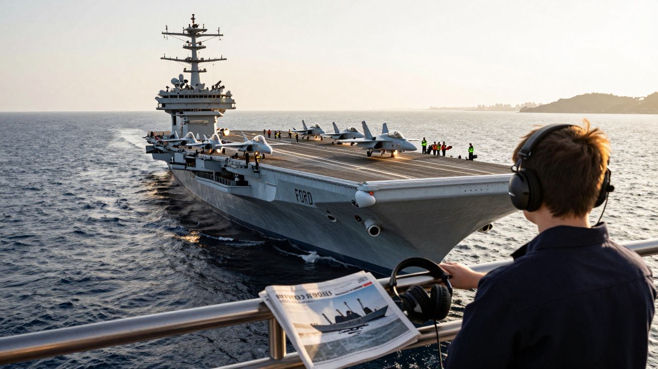 Lotniskowiec USS Gerald R. Ford na morzu, na pokładzie kilka samolotów, w pierwszym planie człowiek z słuchawkami.