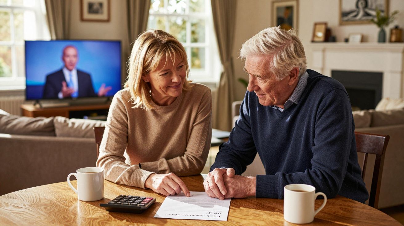 Starszy mężczyzna i kobieta omawiają razem dokument przy stole z kalkulatorem i kubkami kawy.