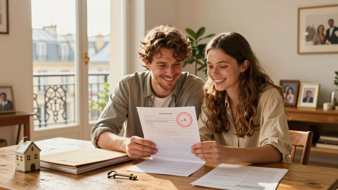 Szczęśliwa para podpisuje dokument umowy kupna nieruchomości przy stole w jasnym salonie.