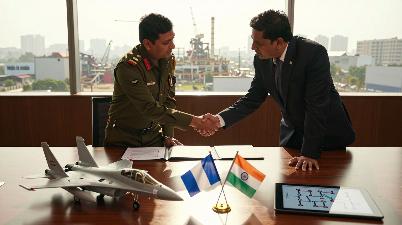 Dwaj mężczyźni, jeden w mundurze wojskowym, ściskają sobie dłonie przy stole z modelem samolotu i flagami Indii oraz Finlandi