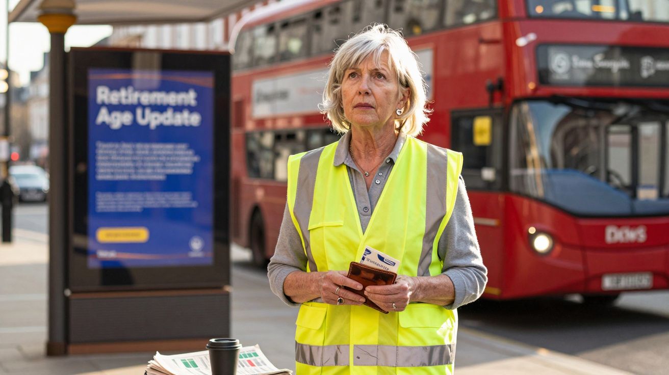 Starsza kobieta w kamizelce odblaskowej stoi na przystanku autobusowym, w tle czerwony dwupiętrowy autobus.