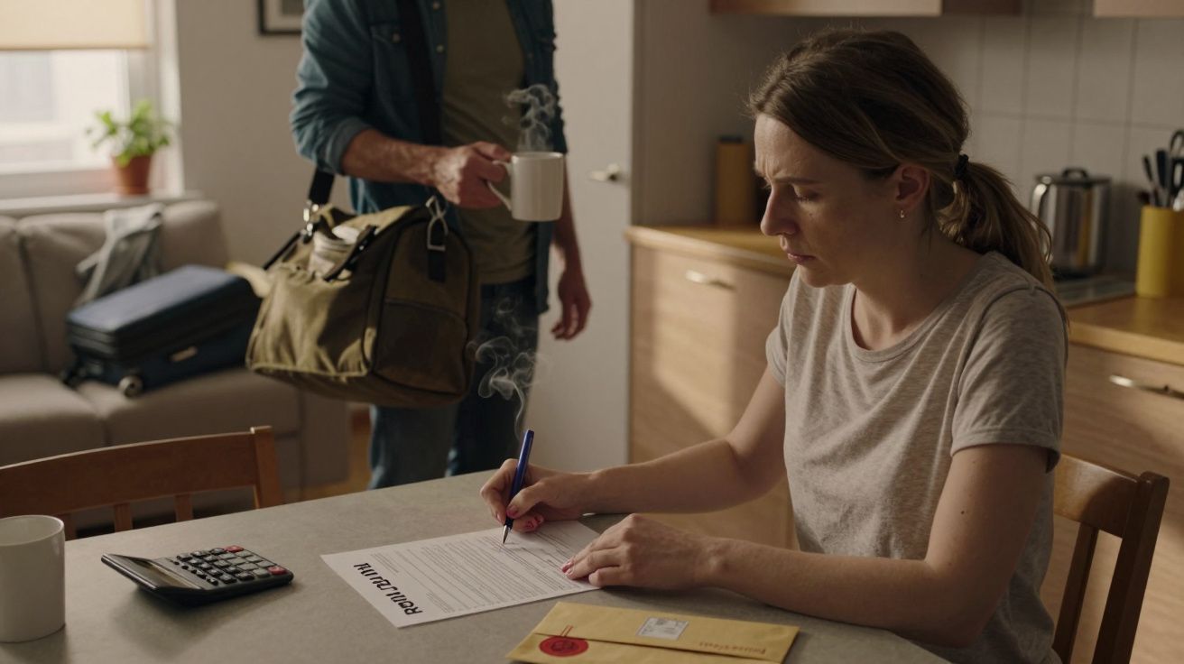 Kobieta podpisuje dokument przy stole, mężczyzna z torbą i kawą stoi w tle w kuchni.