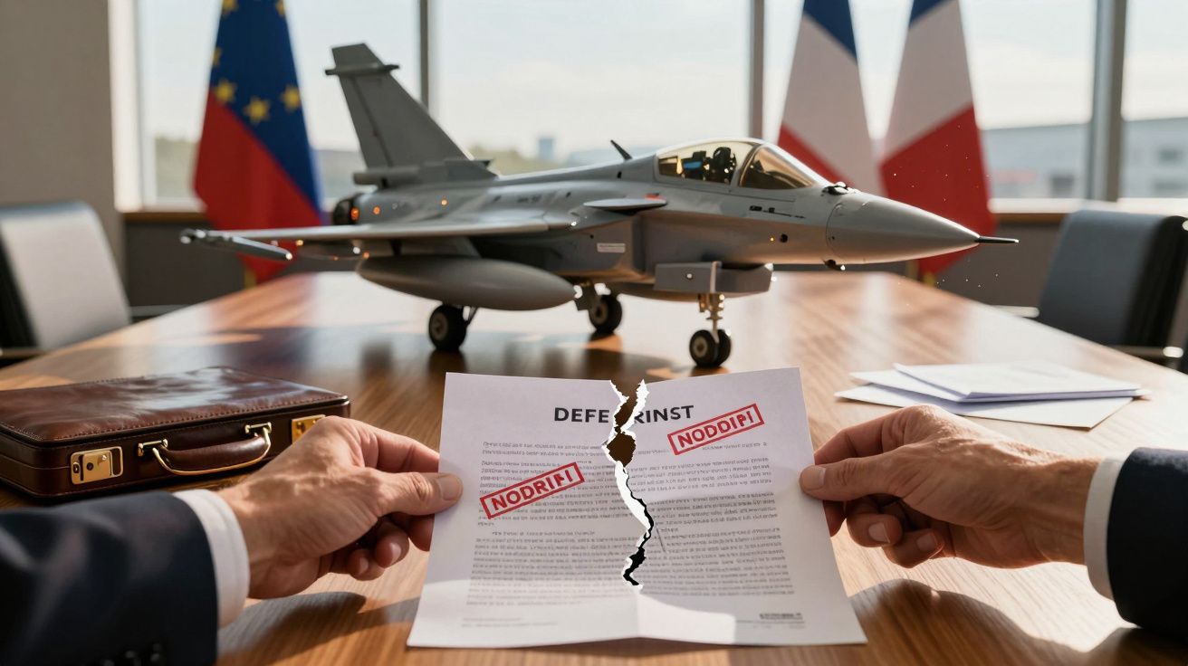 Modele samolotu wojskowego na stole, rozdzierany dokument z pieczątką NODDIP1, dwie osoby w garniturach.