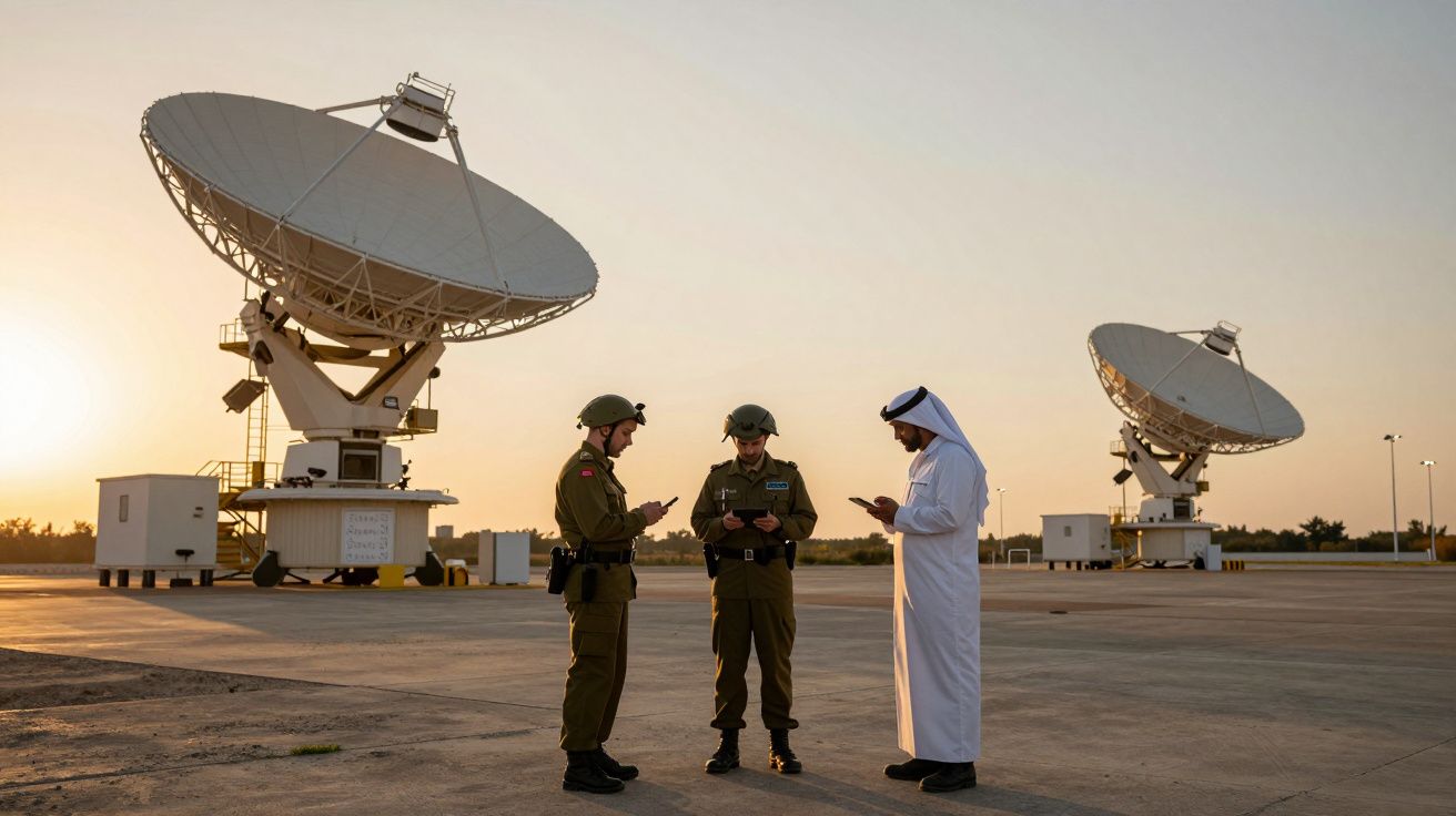 Dwóch żołnierzy i mężczyzna w tradycyjnym stroju na pustyni przy antenach satelitarnych o zachodzie słońca.