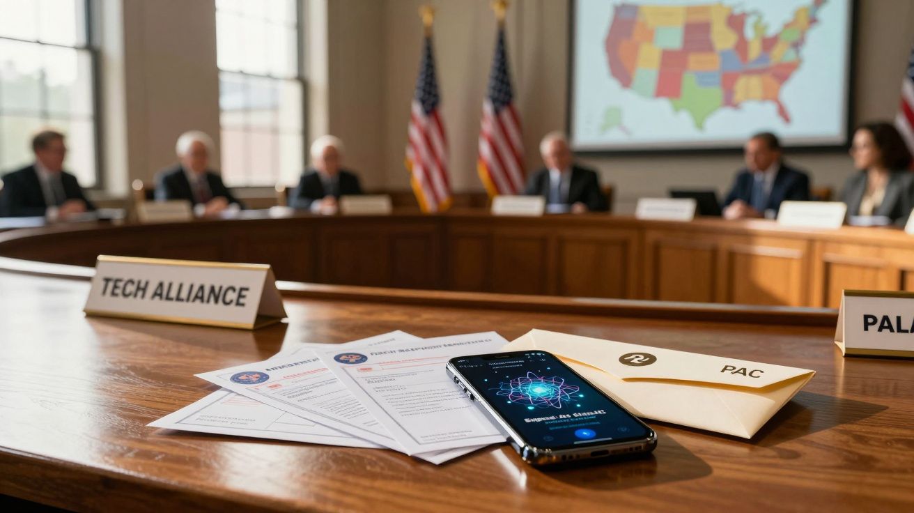 Stół z dokumentami, telefonem i tabliczką Tech Alliance na tle spotkania przy okrągłym stole.