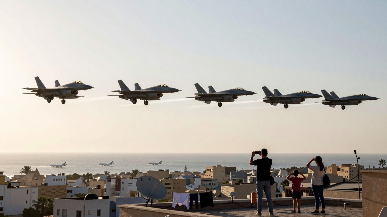 Pięć samolotów myśliwskich lecących nad miastem, ludzie obserwujący z dachu o zachodzie słońca.