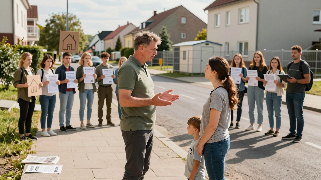 Grupa ludzi protestuje na ulicy, dwie osoby rozmawiają na pierwszym planie, trzymają plakaty o tematyce mieszkaniowej.