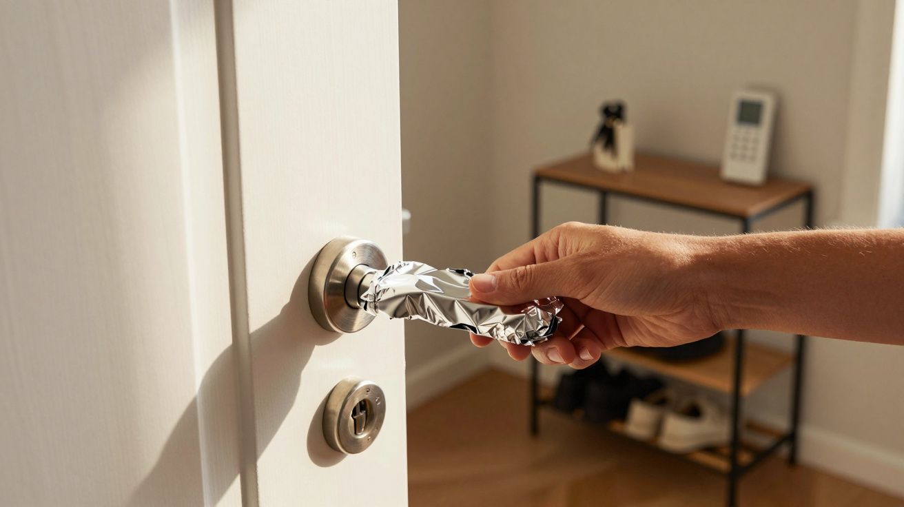 Dłoń chwytająca za klamkę drzwi owiniętą folią aluminiową w jasnym pomieszczeniu z meblem i butami.