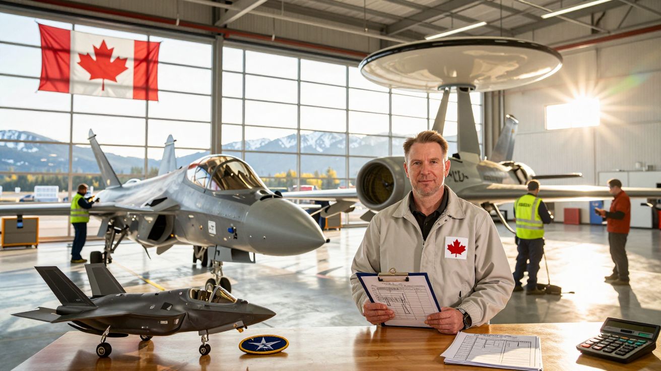 Mężczyzna w kombinezonie z flagą Kanady stoi przy modelu samolotu wojskowego w hangarze lotniczym.