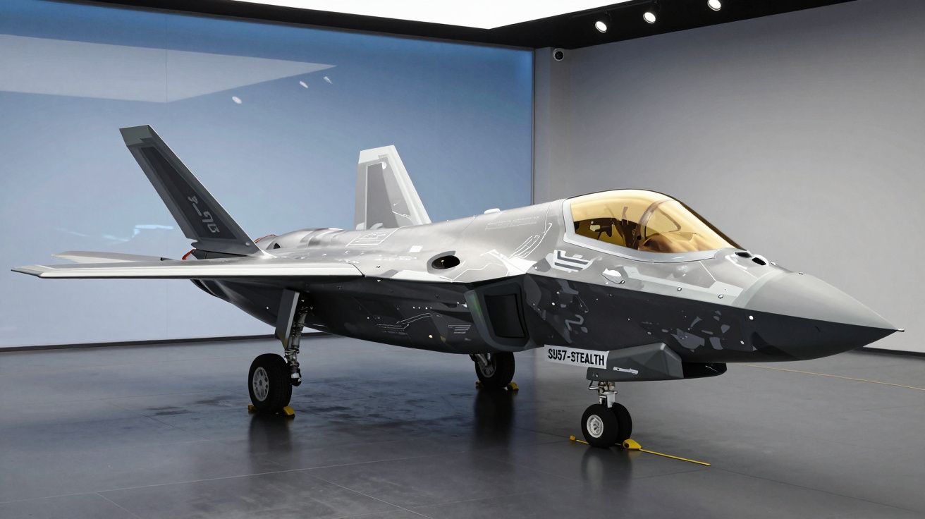 Myśliwiec stealth SU57 w hangarze na czarnym tle z żółtą kabiną.