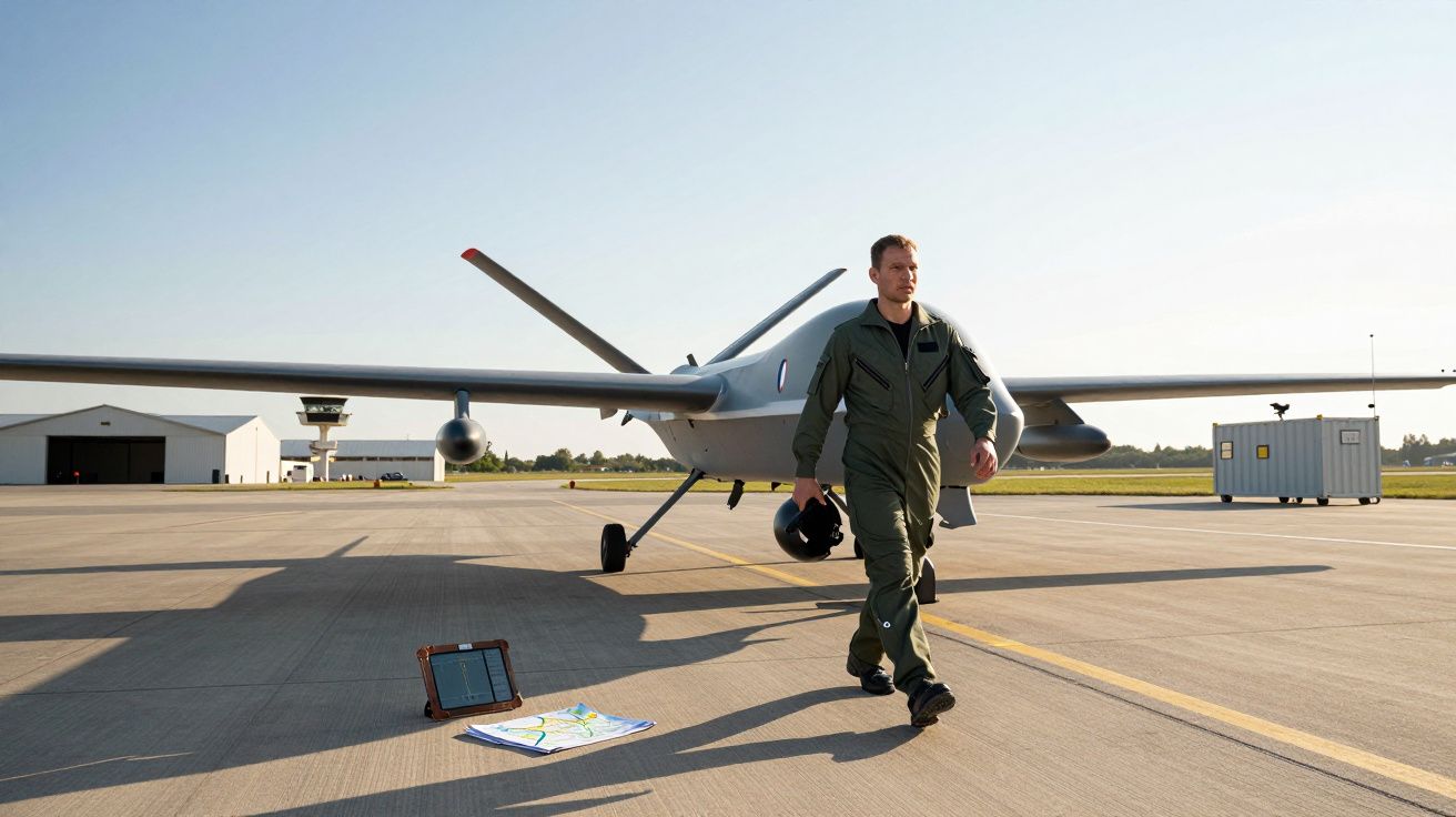 Mężczyzna w kombinezonie pilota przechodzi obok bezzałogowego drona na lotnisku wojskowym.