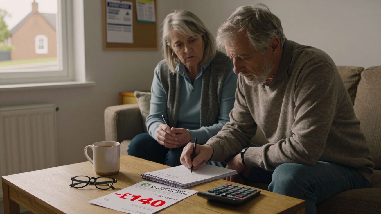 Starsza para siedzi przy stole, oblicza finanse, patrzy na notatki i kalkulator.