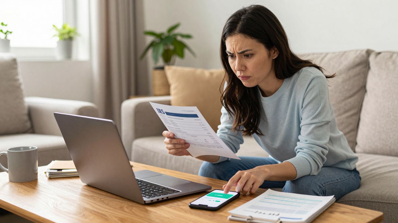 Kobieta siedzi na kanapie, analizuje dokument i korzysta ze smartfona przy stole z laptopem.