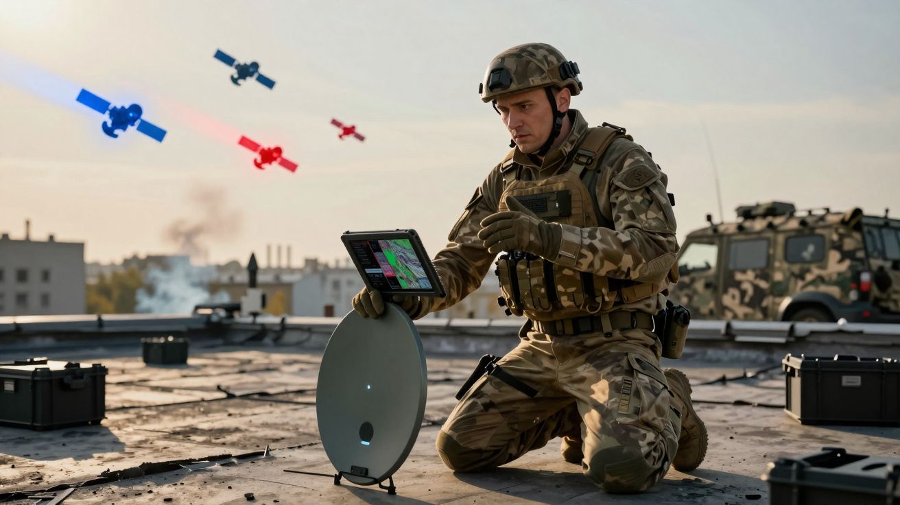 Żołnierz w kamuflażu obsługuje tablet i antenę na dachu, nad nim latają drony w kolorach niebieskim i czerwonym.