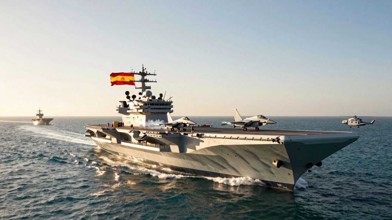 Lotniskowiec z hiszpańską flagą na morzu, na pokładzie myśliwce i helikopter.