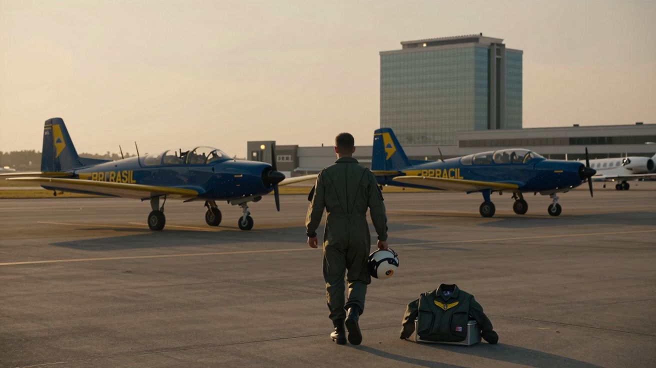 Pilot wojskowy idzie na pas startowy obok dwóch samolotów treningowych z napisem BRASIL.