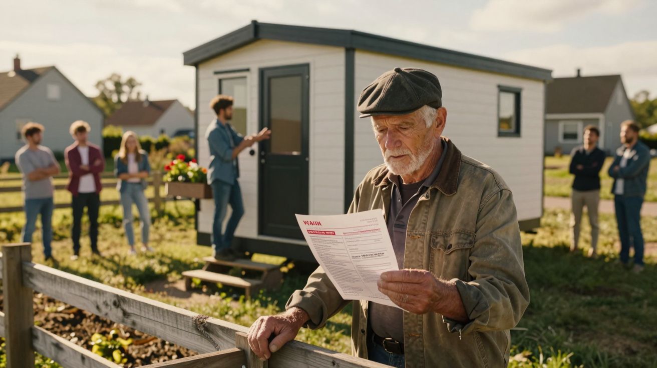 Starszy mężczyzna czyta dokument przed małym domkiem, w tle grupa osób rozmawia na świeżym powietrzu.
