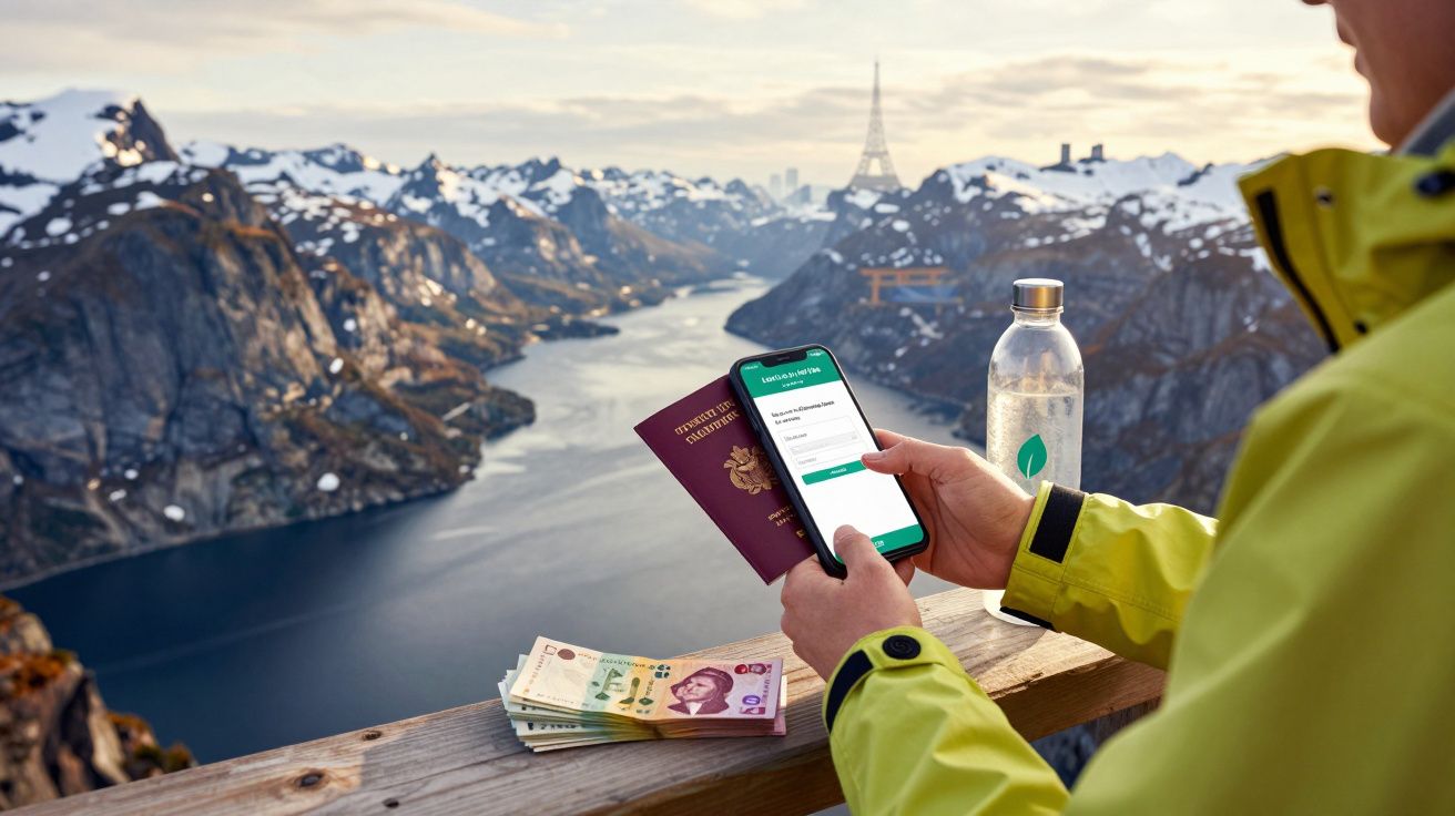 Osoba w żółtej kurtce trzyma telefon i paszport na tle górskiego jeziora i pieniędzy na drewnianym ogrodzeniu.