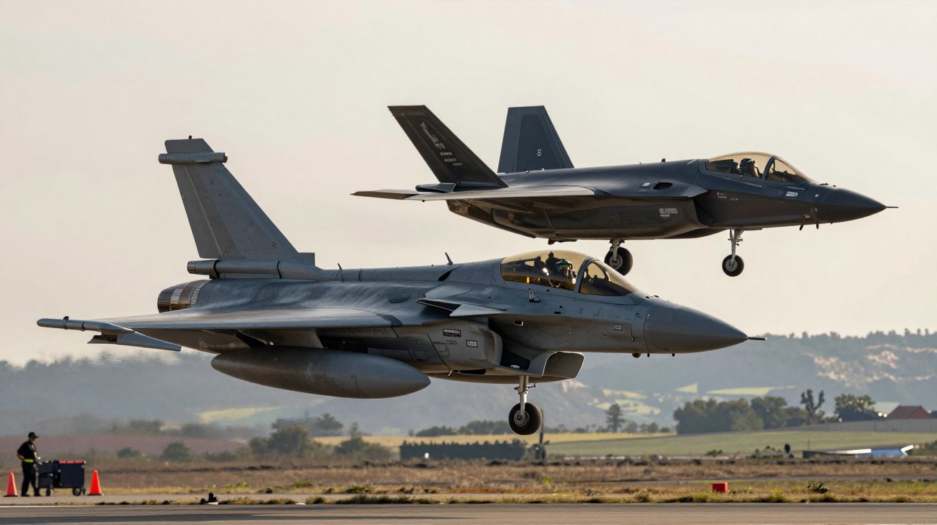 Dwa wojskowe samoloty odrzutowe startujące jednocześnie z pasa startowego na tle krajobrazu.