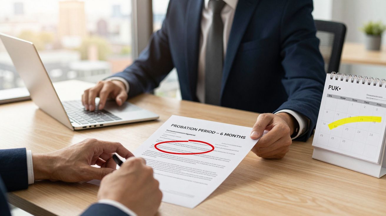 Dwóch mężczyzn w garniturach omawia dokument „Probation Period – 6 Months” przy biurku z laptopem i kalendarzem.