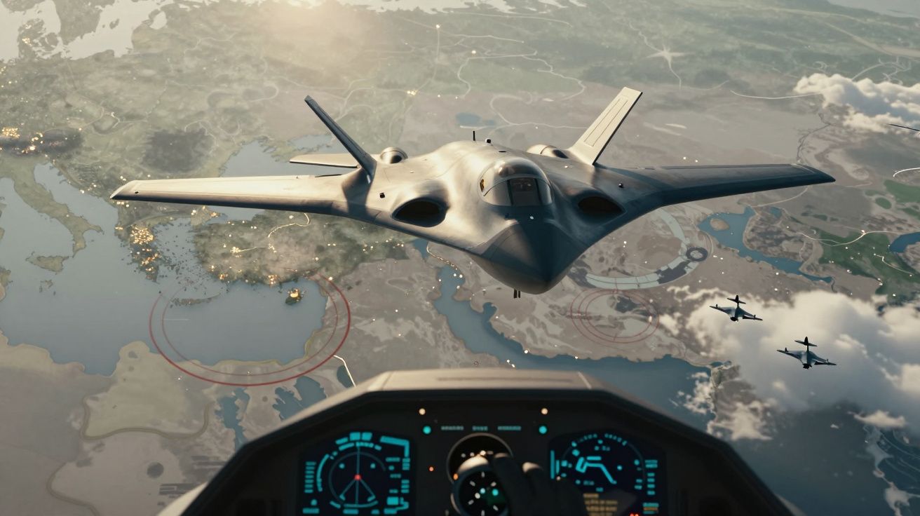 Dron bojowy latający nad mapą terenu widziany z kokpitu innego samolotu wojskowego.