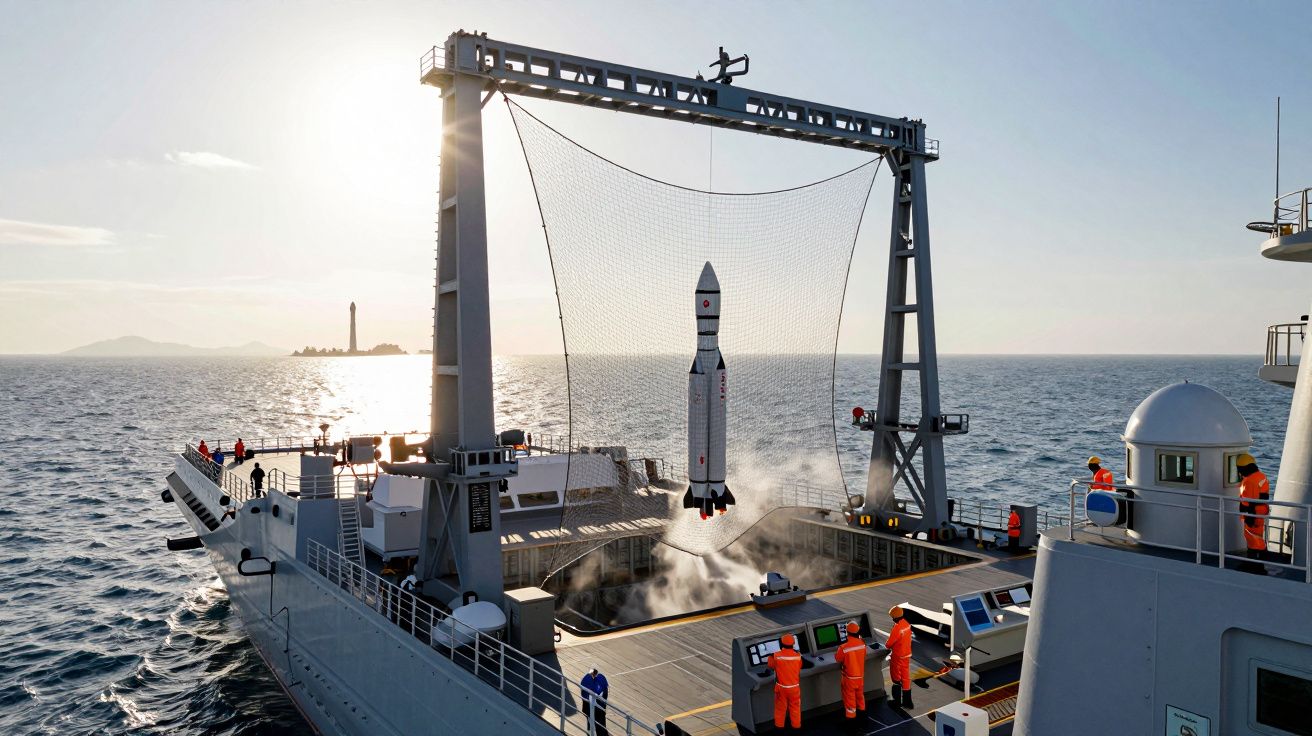 Rakieta kosmiczna zawieszona nad pokładem statku na tle morza podczas zachodu słońca.