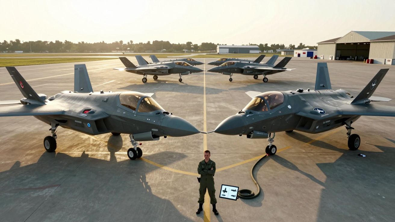 Dwa myśliwce F-35 na pasie startowym z pilotem stojącym między nimi, w tle kolejne cztery samoloty.