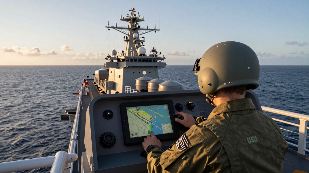 Marynarz na okręcie wojennym korzystający z nawigacji elektronicznej na otwartym morzu podczas zachodu słońca.