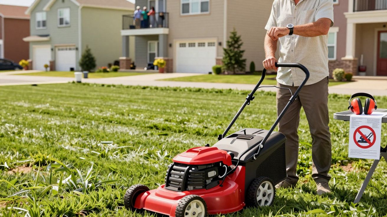 Mężczyzna sprawdza zegarek podczas koszenia trawnika kosiarką spalinową na osiedlu mieszkaniowym.