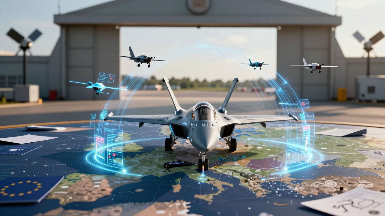 Symulator taktyczny z myśliwcem i dronami na mapie Europy z cyfrowymi wskaźnikami wojskowymi.