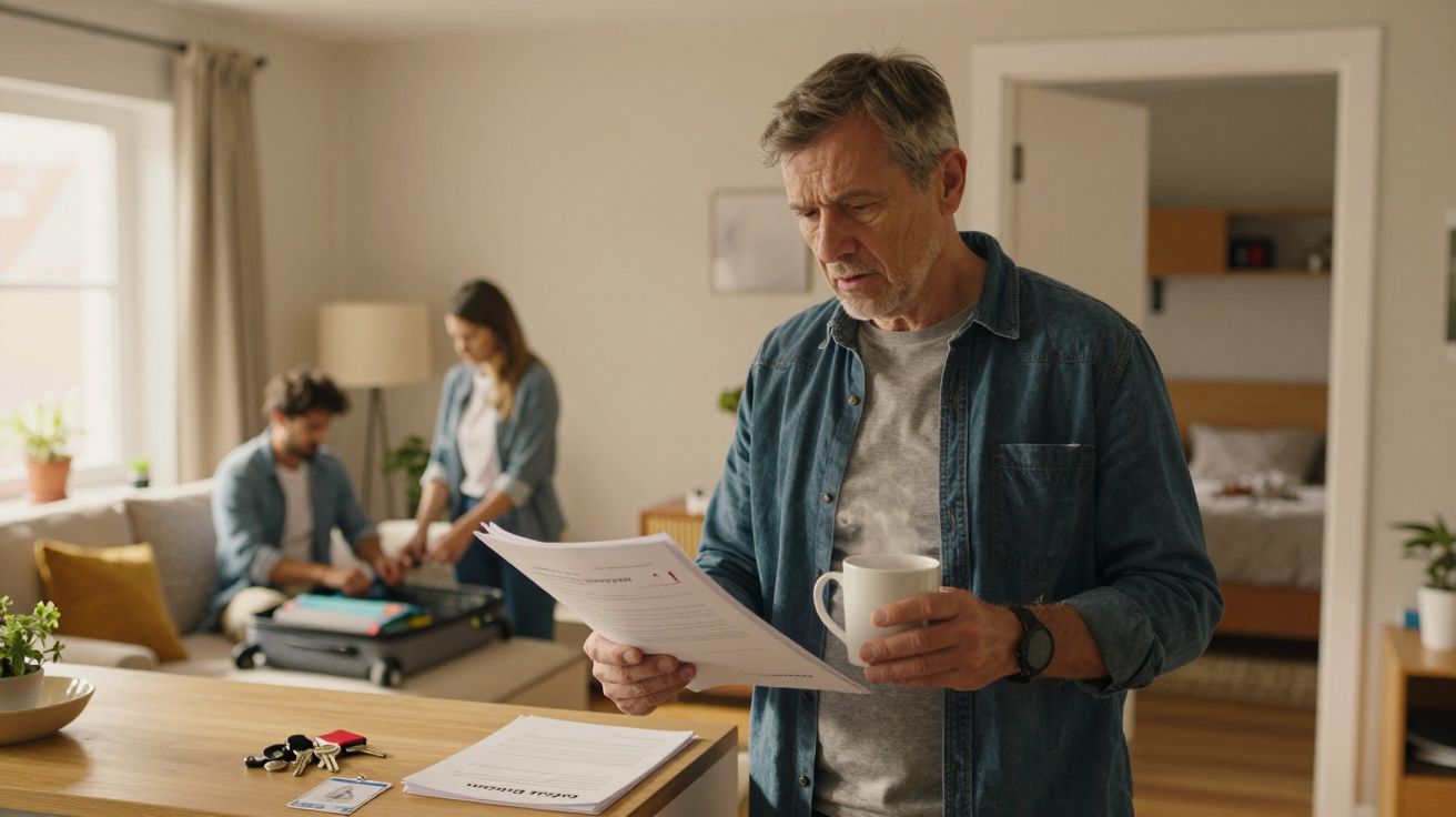 Mężczyzna czyta dokumenty trzymając kubek, a para pakuje walizkę w jasnym, przytulnym salonie.