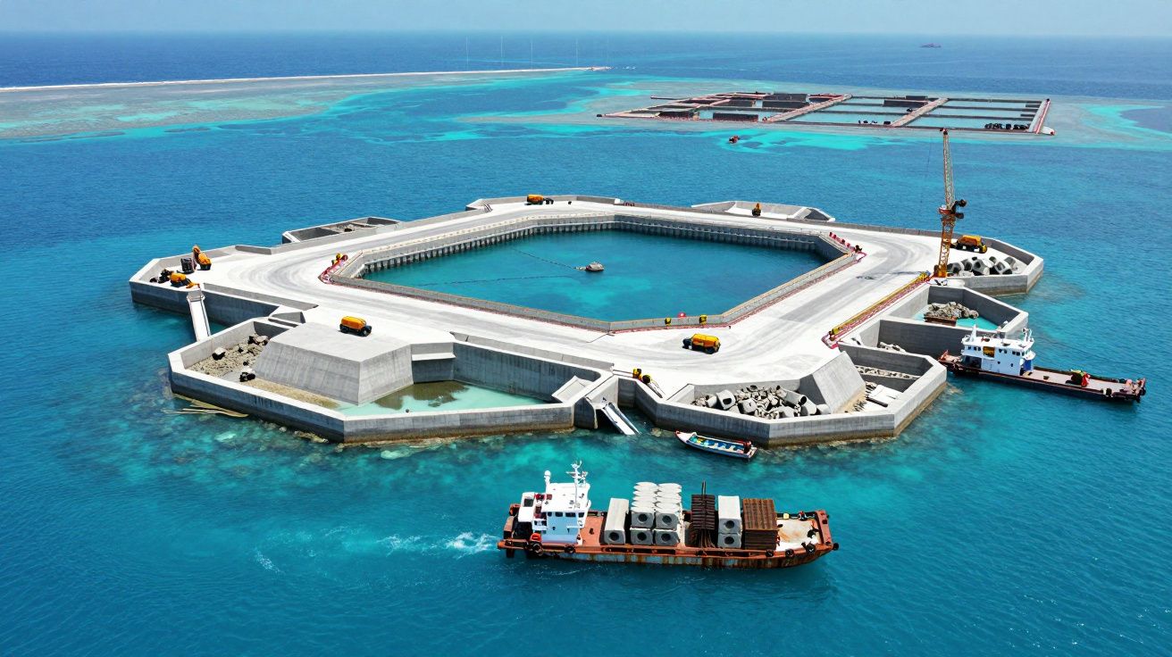 Sztuczna wyspa z placem budowy i statkami w turkusowym oceanie na tle błękitnego nieba.