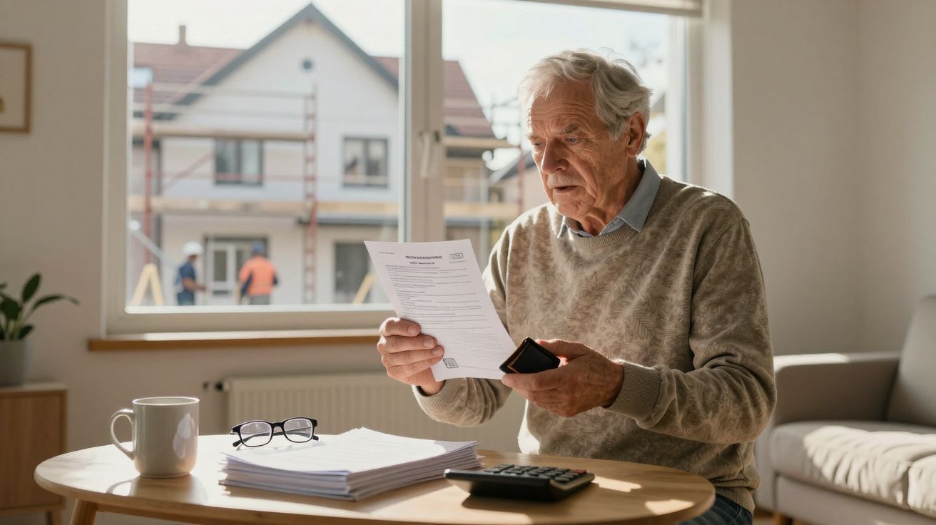 Starszy mężczyzna przegląda dokumenty przy stole, obok leżą okulary, kubek i kalkulator.