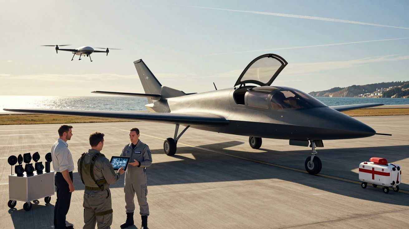 Czterech mężczyzn obok czarnego samolotu na pasie startowym z dronem latającym nad morzem.