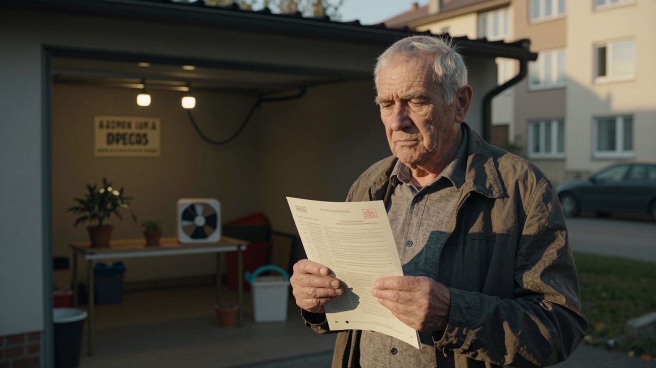 Starszy mężczyzna stoi na zewnątrz i czyta dokument w rękach na tle budynku mieszkalnego.