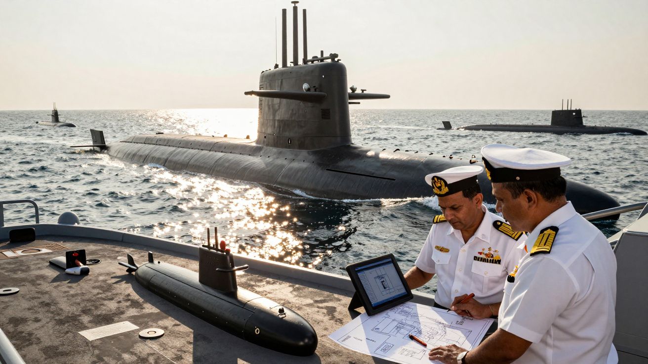 Dwóch marynarzy analizuje plany na pokładzie okrętu podwodnego, za nimi kilka innych okrętów na morzu.