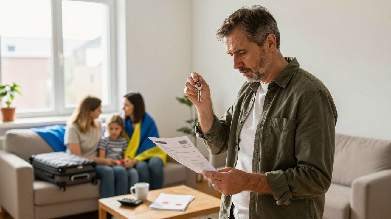 Mężczyzna trzyma klucze i dokumenty w salonie, w tle siedzą dwie kobiety z dzieckiem obok walizki.