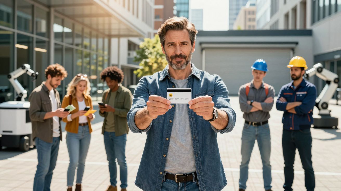 Mężczyzna pokazujący kartę kredytową, za nim grupa ludzi w różnym wieku i ubraniach roboczych na zewnątrz.